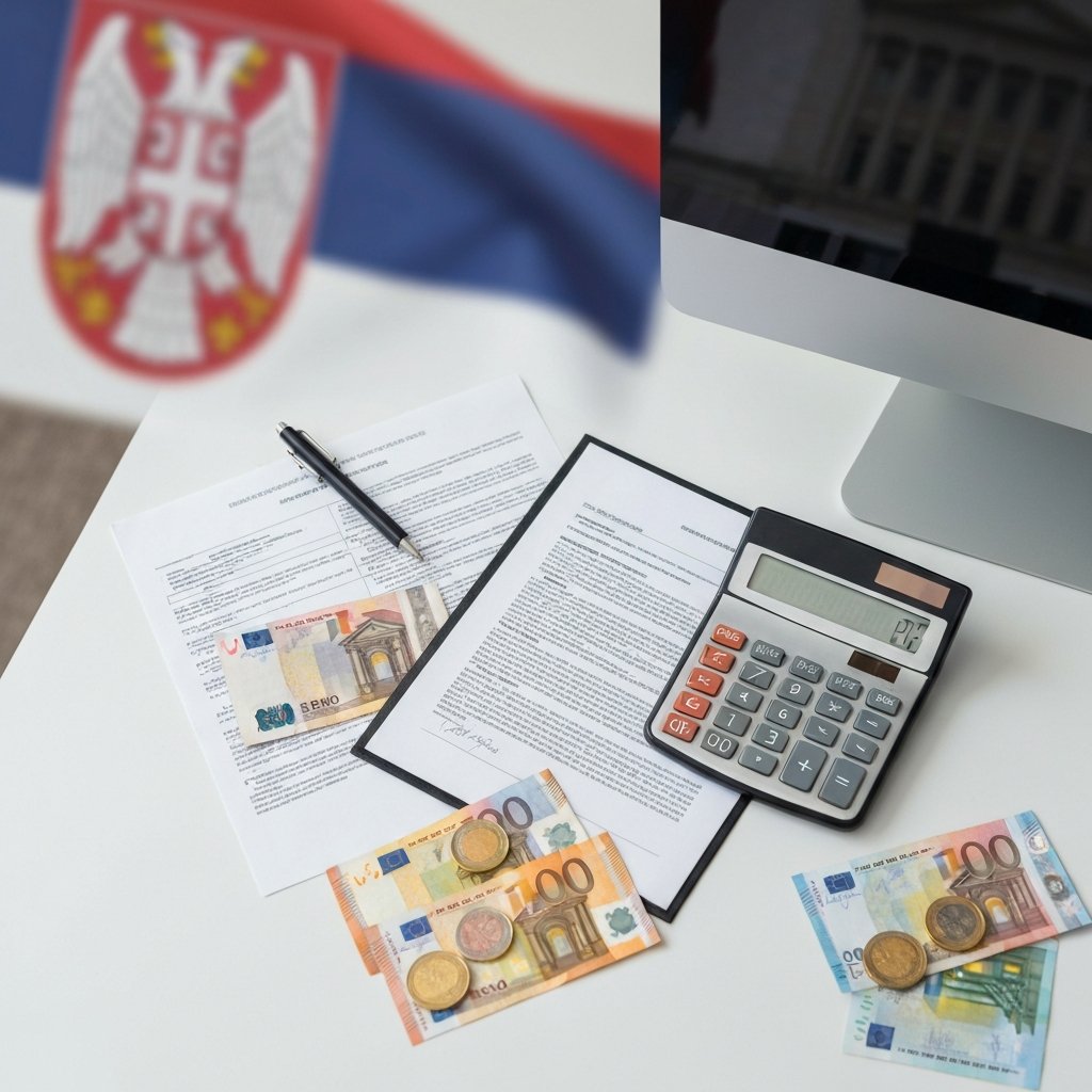 Вид сверху на рабочий стол с официальными документами, калькулятором и евро, символизирующий финансовое планирование для получения ВНЖ в Сербии.